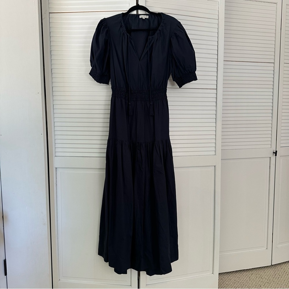 Moon River Navy Puff Sleeve Sundress with peekaboo back